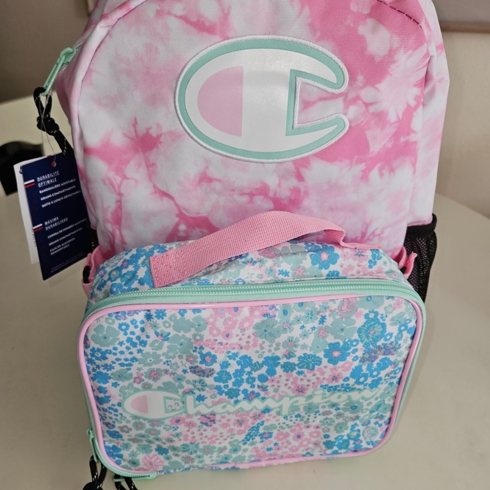 Champion pink tie dye print backpack with detachable insulated lunchbox.